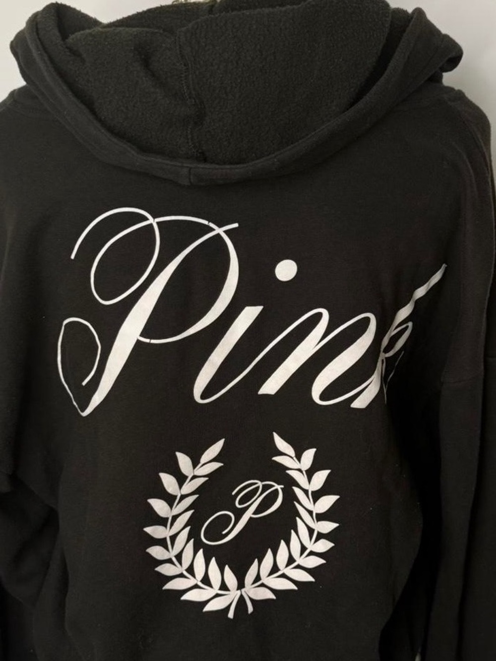 PINK Victoria's Secret Black Hoodie with White Script Logo (faded)